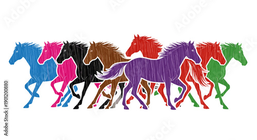 Vibrant herd of colorful stylized horses galloping across a clean white background conveying energy freedom and movement with a playful artistic flair