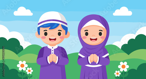 Joyful muslim children a boy in a white kufi and a girl in a hijab dressed in purple islamic attire offering greetings with hands together amidst