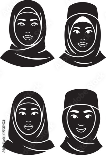 Collection of diverse female faces wearing traditional head coverings in various styles and expressions, viewed from the front.