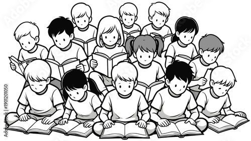 Diverse group of young children sitting together in a classroom or library engrossed in reading books fostering early education and a love