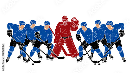 Ice hockey team formation with goalie in red standing out against blue players dynamic sports action concept representing defense and offense on white