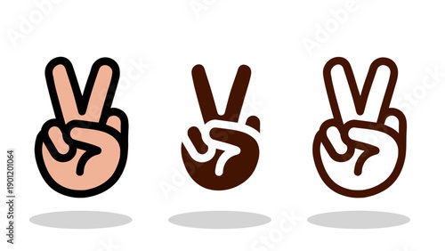 Three diverse hands forming the peace sign gesture with different skin tones symbolizing unity equality and harmony against a clean white background