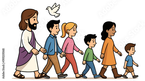 Jesus leading diverse children and a dove symbolizing holy spirit in a line formation representing faith guidance and spiritual journey with joy