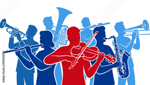 Diverse orchestra ensemble with a prominent violinist in red performing classical music with brass and woodwind instruments vibrant silhouette art style