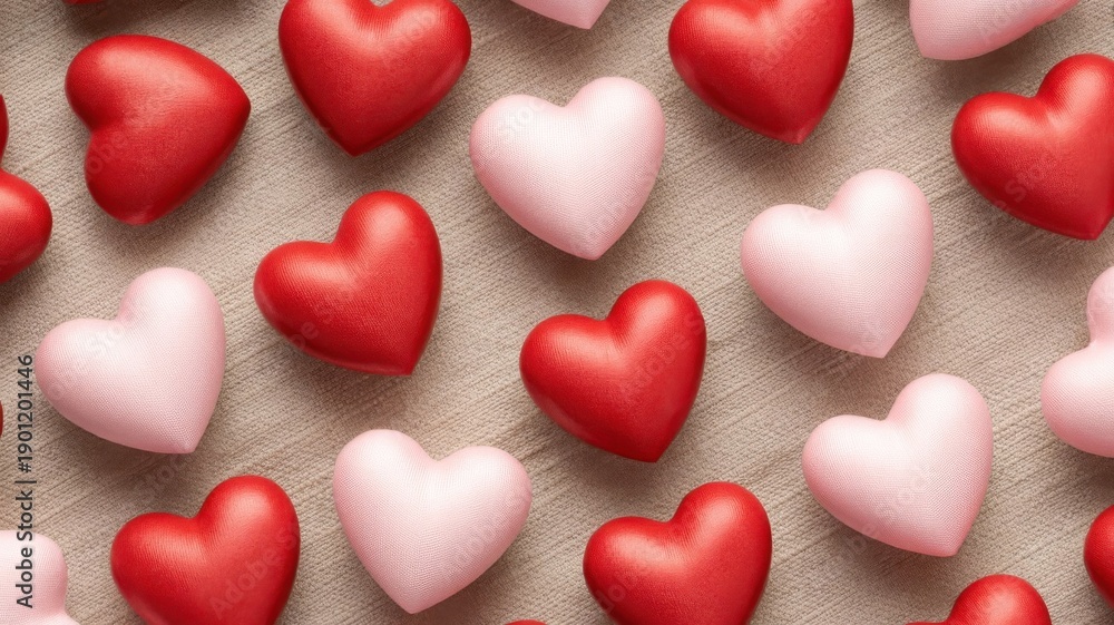 Fototapeta premium Red and Pink Hearts Scattered on Linen Fabric for Decorative Purposes on a Flat Surface