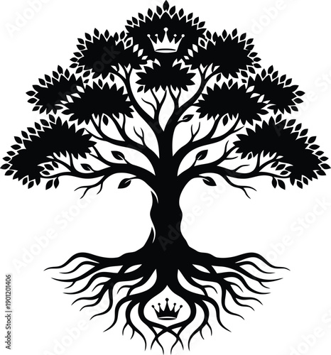 Black silhouette of a royal tree of life with crowns in the branches and roots.