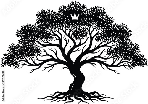 Majestic black silhouette of a royal tree with a crown.