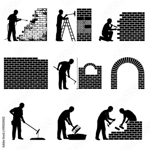 A collection of silhouettes depicting various masonry and bricklaying techniques