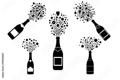 Bottle of Champagne with Glitter and Confetti Silhouette Vector Icon Sheet for Celebration