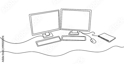 Line drawing of a dual monitor computer setup with keyboard and mouse