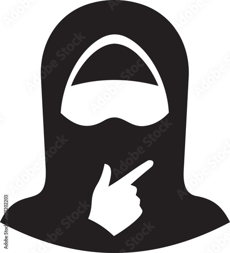 A person wearing a niqab points with their finger, illustration of a mysterious figure