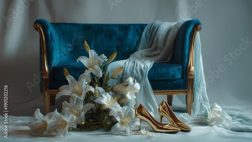 Elegant teal velvet sofa with gold accents, white lilies, and golden high heels