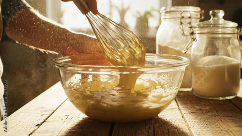 Wallpaper Mural A person mixing a batter in a glass bowl on a wooden table with jars 4k video Torontodigital.ca