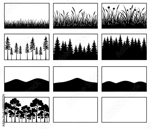 Silhouetted landscapes featuring diverse vegetation and terrain types