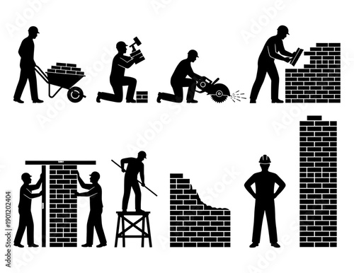 Illustrations of construction workers building a brick wall step by step