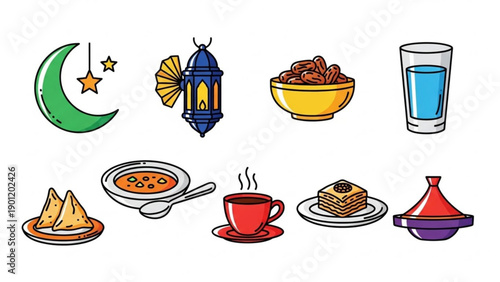 Ramadan food and drink icons set including crescent moon lantern dates water samosa soup coffee baklava and tagine on white background