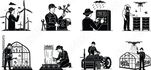 Smart, agriculture, farming, technology, farmer, drone, greenhouse, irrigation, wind, energy, automation, sustainable, rural, modern, equipment, innovation, work, icon, set, vector