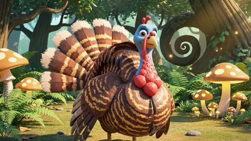 Wallpaper Mural A cartoon turkey standing in a forest surrounded by mushrooms and trees smiling 4k video Torontodigital.ca