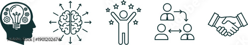 Bold leadership and human capital icon set with creative thinking brainpower personal success networking and business partnership symbols,