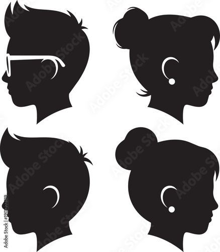 Collection of silhouetted profiles showcasing various hairstyles and facial features of young individuals from different angles
