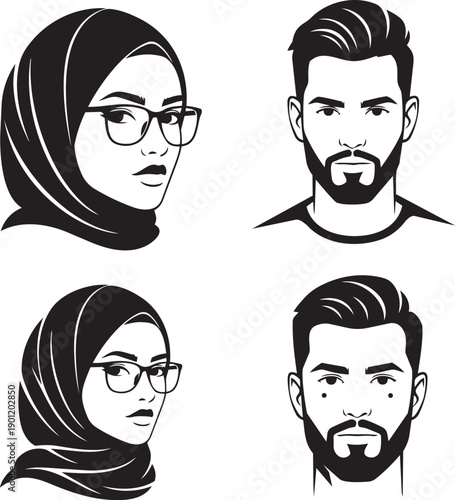 Illustrations of diverse individuals with hijabs and beards showcase cultural identity in simple, modern graphics from a straightforward viewpoint