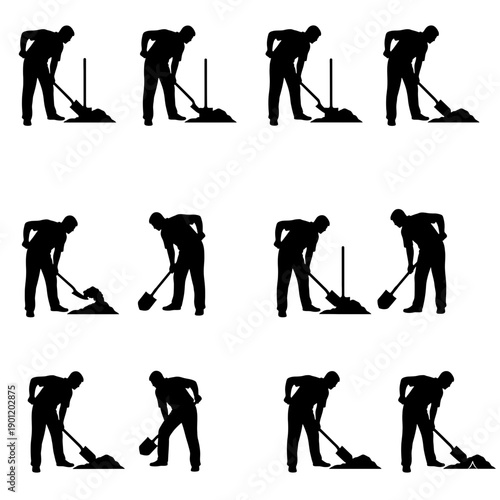 Sequence of silhouettes demonstrating various gardening raking motions in action