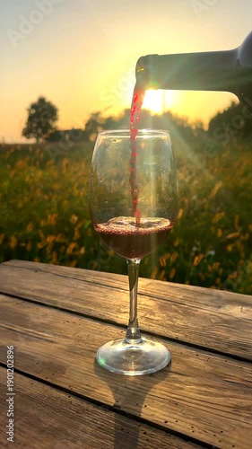 Wine poured from bottle in wine glass on sunset. Pouring red wine in glass in countryside. Pouring red alcohol in glass in countryside. Rural landscape