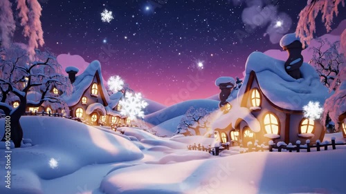 Wallpaper Mural Whimsical snowcovered village at dusk with glowing windows and falling snowflakes 4k video Torontodigital.ca