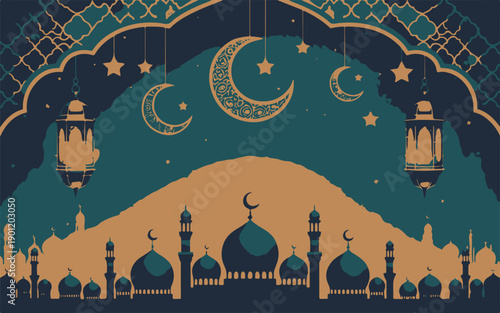 Islamic mosque lantern Ramadan night sky stars crescent vector illustration flat design