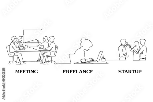 Line Art Business Meeting Illustration Set For Presentation And Wabsite. Modern Work Life Meeting, Freelance, and Startup Concepts