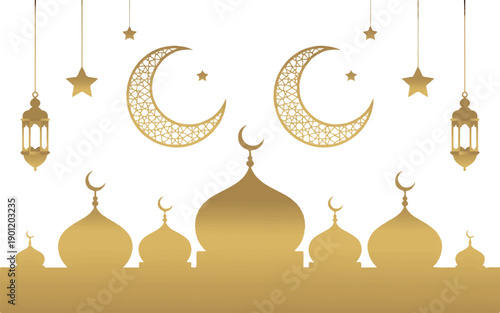 Islamic mosque at night with crescent moon and lantern vector illustration