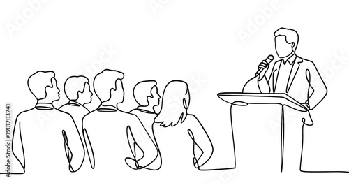 A minimalist line drawing depicts a speaker addressing an attentive audience