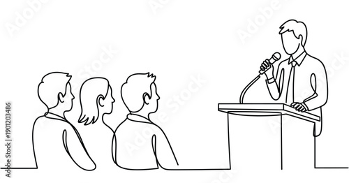 A speaker delivers a presentation to an attentive audience in a minimalist style