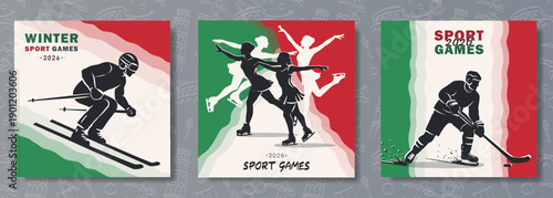 Winter sport games 2026 vector poster set. Alpine skiing, ice hockey, figure skating silhouettes against Italy flag background. Modern flat banners for international winter sports event branding.
