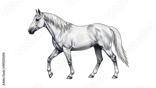 Majestic white horse, isolated on white background with copy space