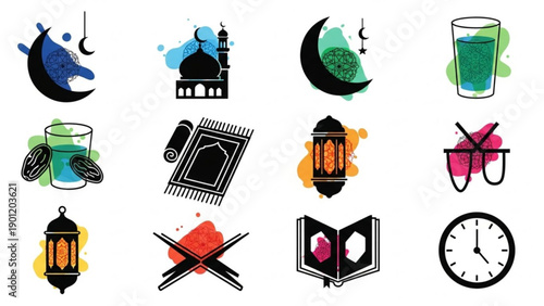 Ramadan kareem icons set with mosque lanterns quran clock and dates symbolizing islamic holy month of fasting and worship