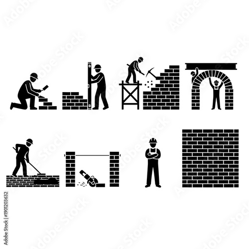 Illustrations of bricklayers performing various construction tasks with bricks and tools
