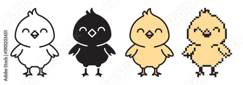 Easter chick icon set featuring four styles: editable line art, flat color, solid silhouette, and pixel art. Minimalist spring poultry characters with cute faces. High-quality vector graphics.