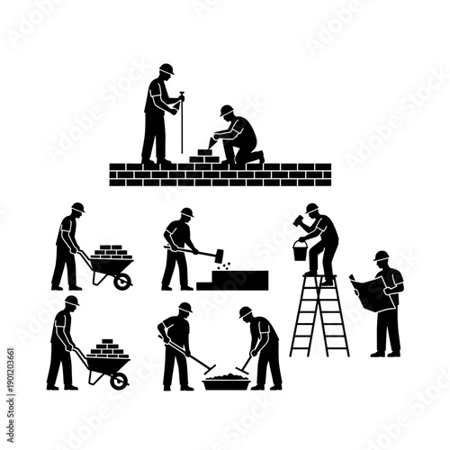Illustrated collection of construction workers performing various building tasks