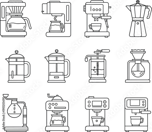 Black and white line art icons of various coffee makers espresso machines and brewing equipment for cafe and kitchen concepts।