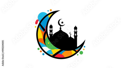 Vibrant mosque silhouette on colorful crescent moon with stained glass effect and star symbolizing faith and spirituality in a modern artistic style