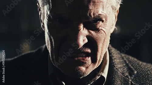 Cinematic slow motion capture of a furious individual clenching their jaw tightly expressing intense anger and hatred in a dramatic close-up portrait with emotional tension and dark mood.