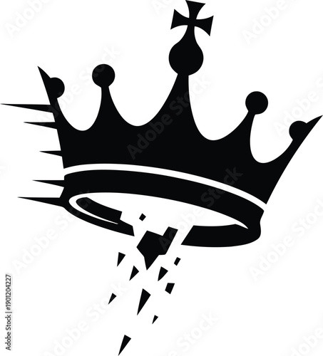 Stylized black royal crown icon breaking apart in motion.