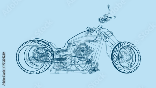 Detailed Blueprint Sketch Of A Custom Motorcycle With Engine And Wheels On Blue Background