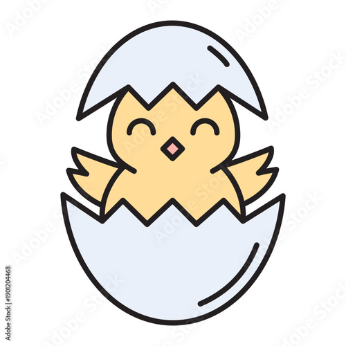 Cute hatching chick in egg shell. Linear icon with editable stroke and color fill. Vector illustration of Easter baby chicken. Minimalist spring symbol for holiday design.