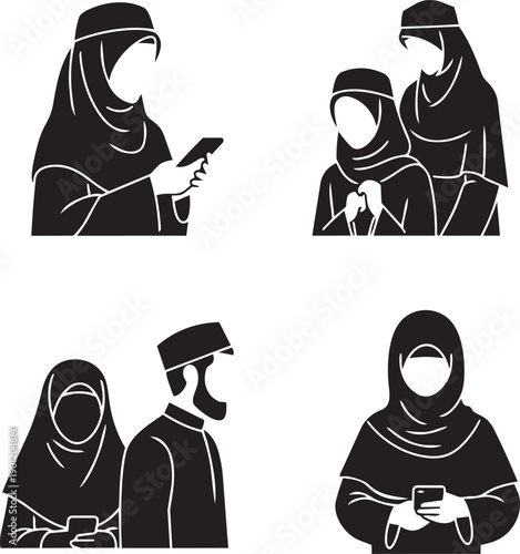 People in traditional clothing interacting with mobile devices in a cultural setting