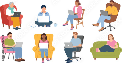 People Working on Laptops at Home and Office  Flat Vector Set