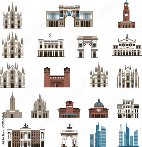 Vector illustrations of historical European landmarks featuring cathedrals palaces and classical architecture for travel and heritage concepts।