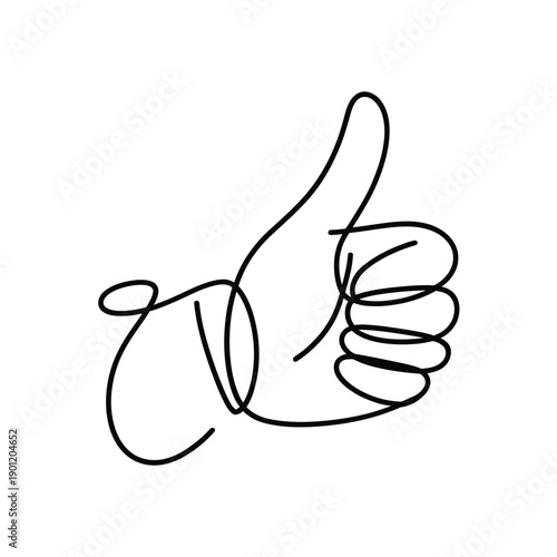 A minimalist continuous line drawing depicts a hand giving a thumbs up gesture
