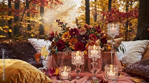 Wallpaper Mural Cozy autumn forest picnic setup with pillows and candles on a blanket 4k video Torontodigital.ca